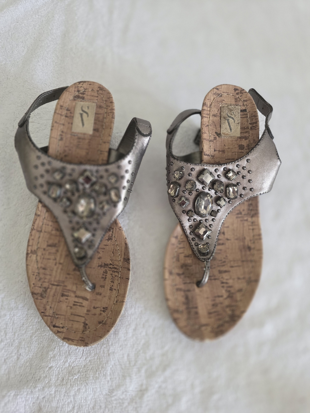 Metallic Silver Jeweled Cork-Style Thong Sandals